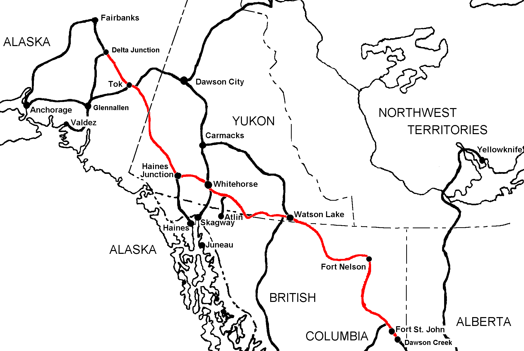 Karte Alaska Highway von Dawson Creek nach Delta Junction.