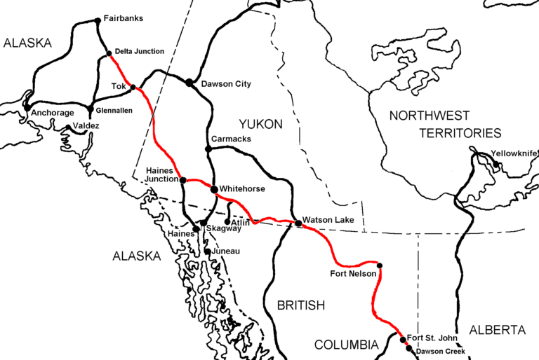 Karte Alaska Highway von Dawson Creek nach Delta Junction.