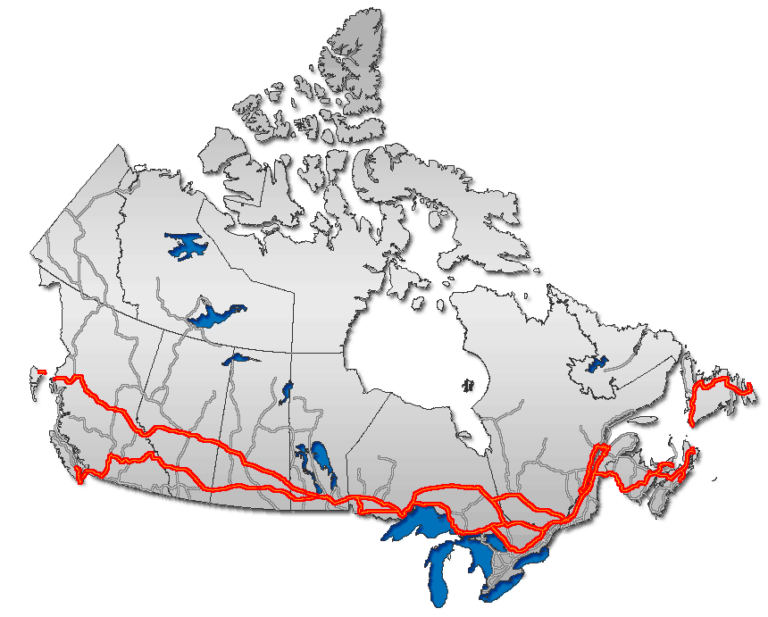 Der Straßenverlauf des Trans-Canada Highway quer durch Kanada.
