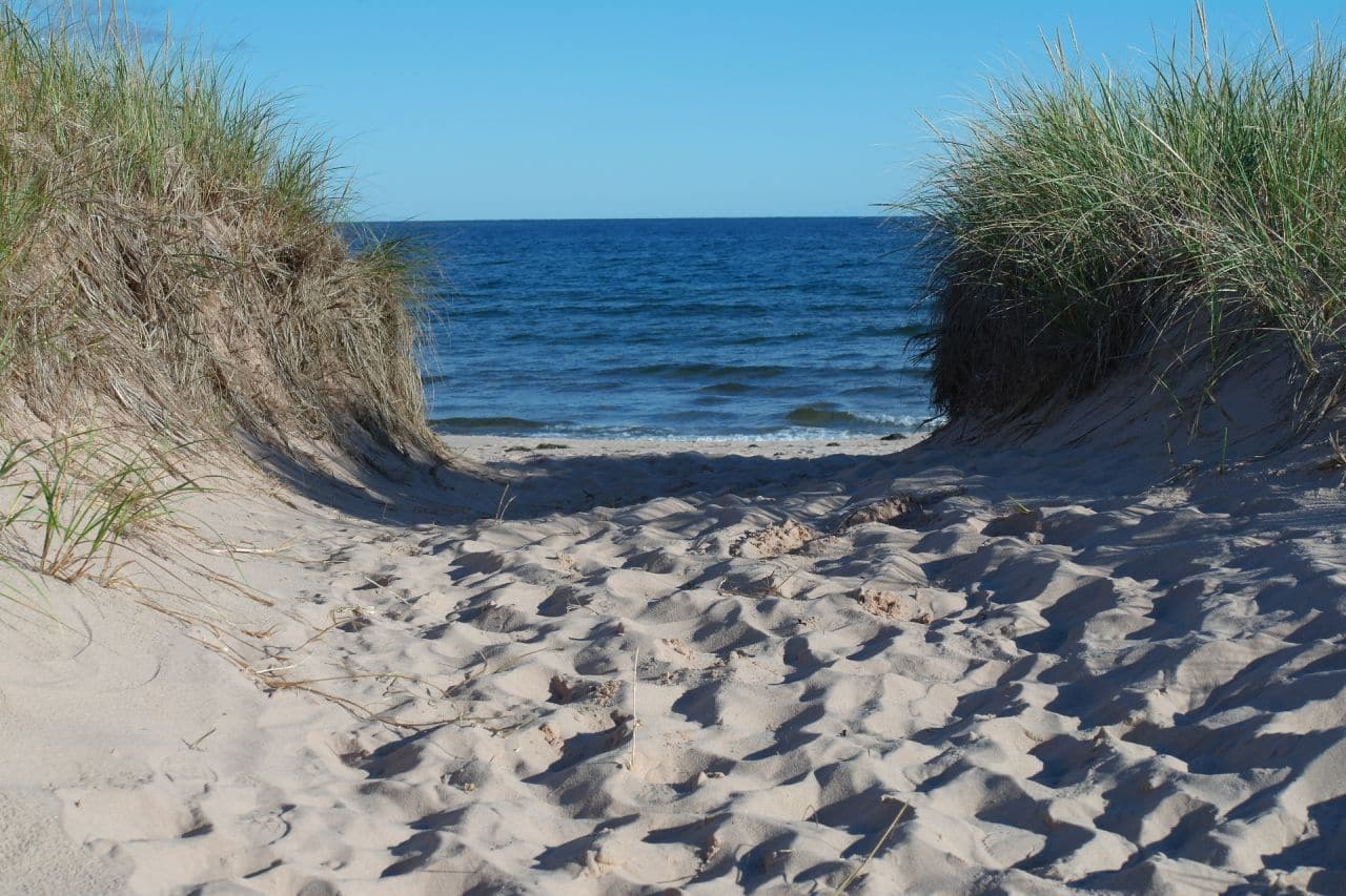 Blick auf den Strand mit singenden Sanden in Souris. Foto © Bernadette Calonego