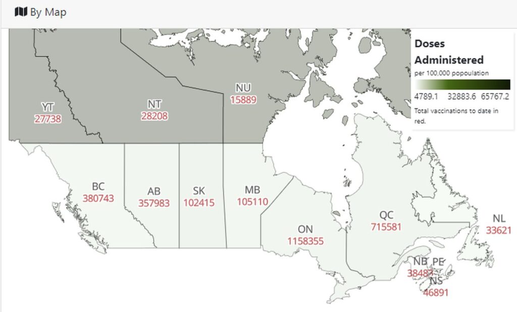 Verabreichte Impfstoffdosen in Kanada, aufgeteilt nach Provinzen und Territorien.